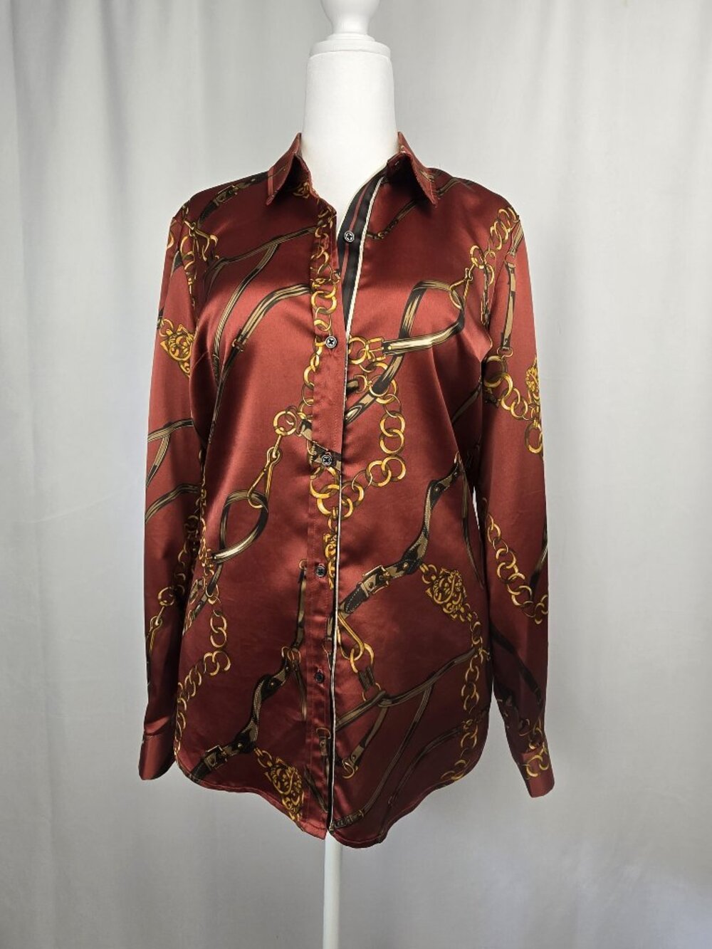 Le Chateau Satin Long Sleeve Equestrian Print Blouse Large